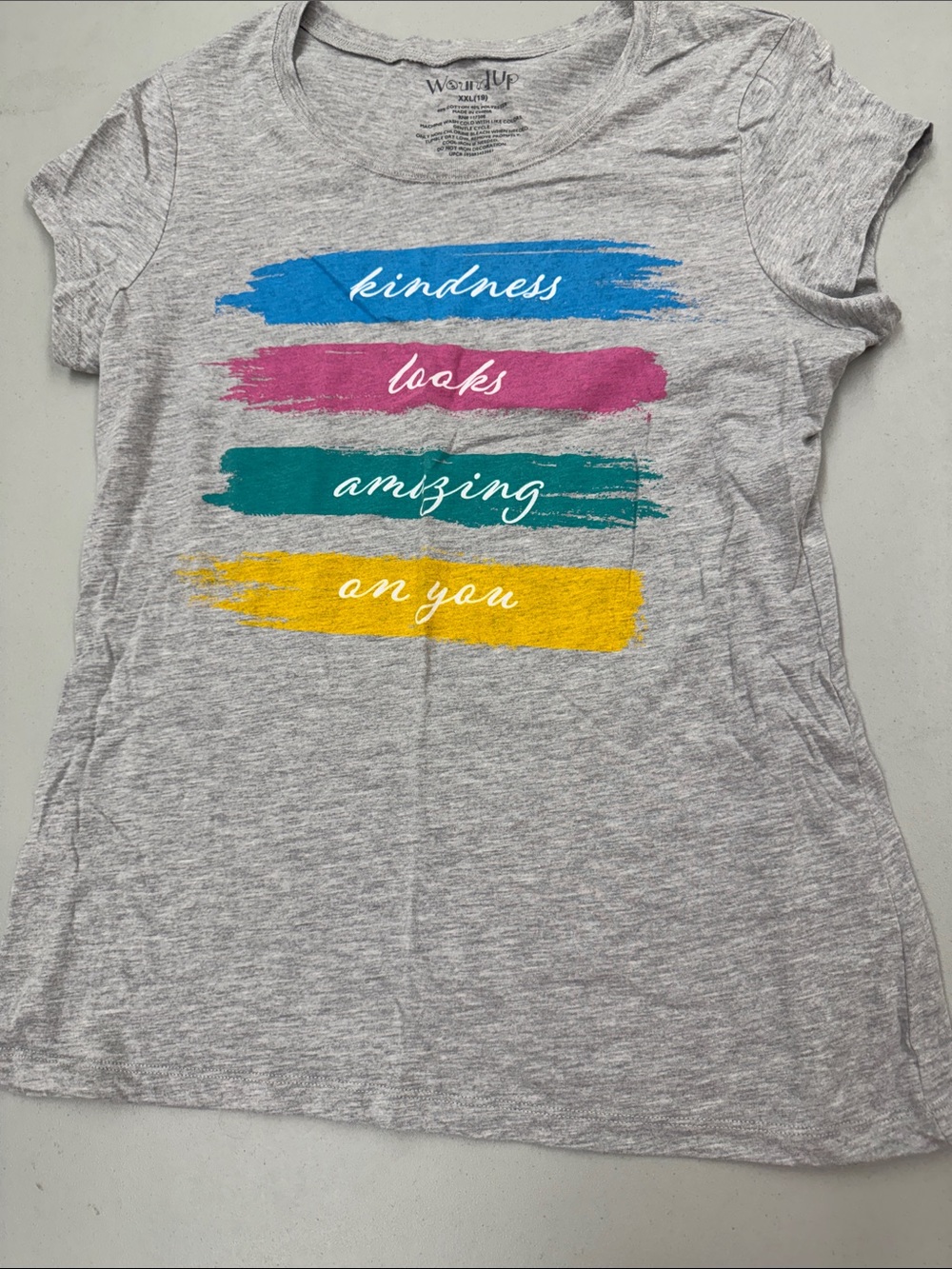 wound up Gray Tee with Bright Blue Pink Teal and Yellow Brush Strokes Kindness